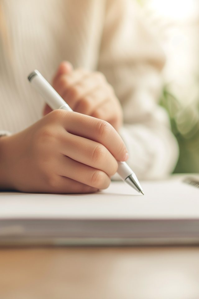 Woman mother or mom and little boy son doing homework, holding p
